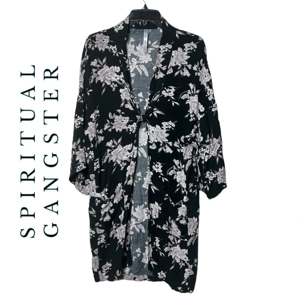 1658. SPIRITUAL GANGSTER SWIMSUIT COVERUP FLORAL PATTERN POCKETS ONE SIZE BLACK